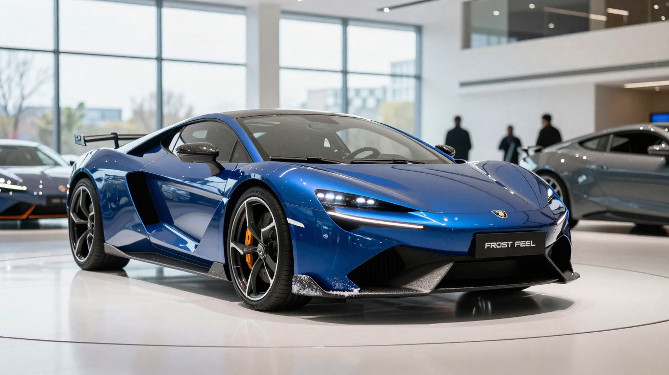 Carro desportivo azul metálico exibido em salão moderno com três pessoas ao fundo.