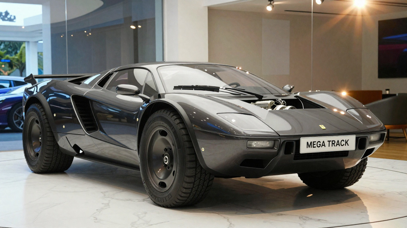 Carro desportivo cinza metalizado com design clássico exposto em ambiente moderno interior.