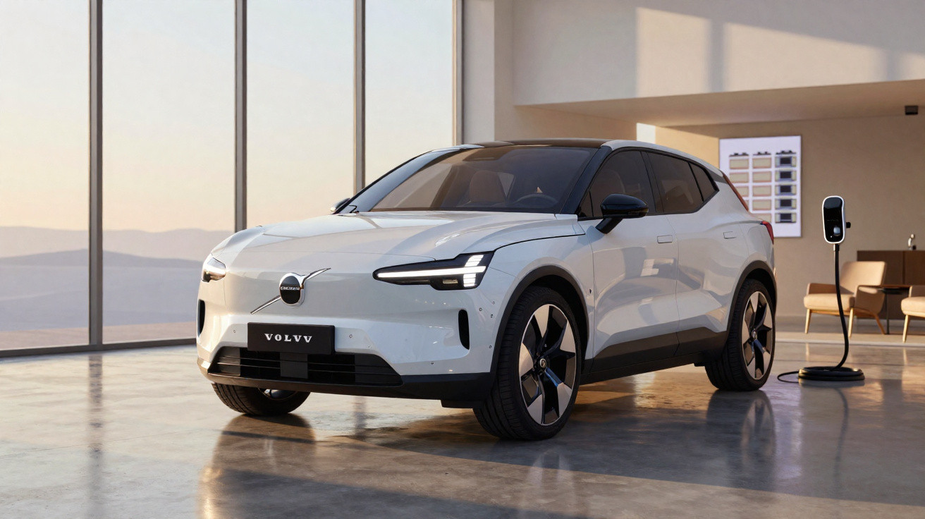Carro elétrico Volvo branco estacionado numa garagem moderna com carregador ligado à parede.