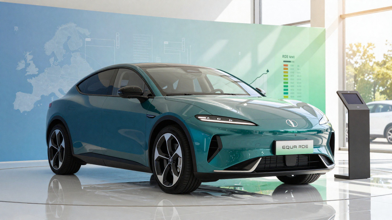 Carro elétrico moderno verde exibido em showroom com paredes azuis e painéis informativos ao fundo.