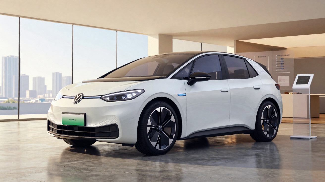 Carro elétrico Volkswagen ID.3 branco em exposição num espaço moderno com janelas panorâmicas.