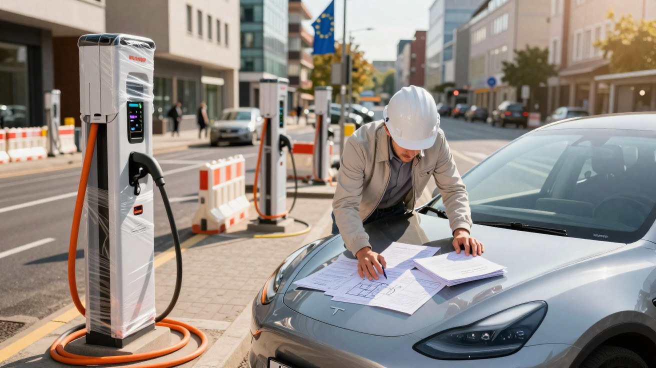Engenheiro com capacete a analisar plantas sobre carro elétrico estacionado junto a postos de carregamento.