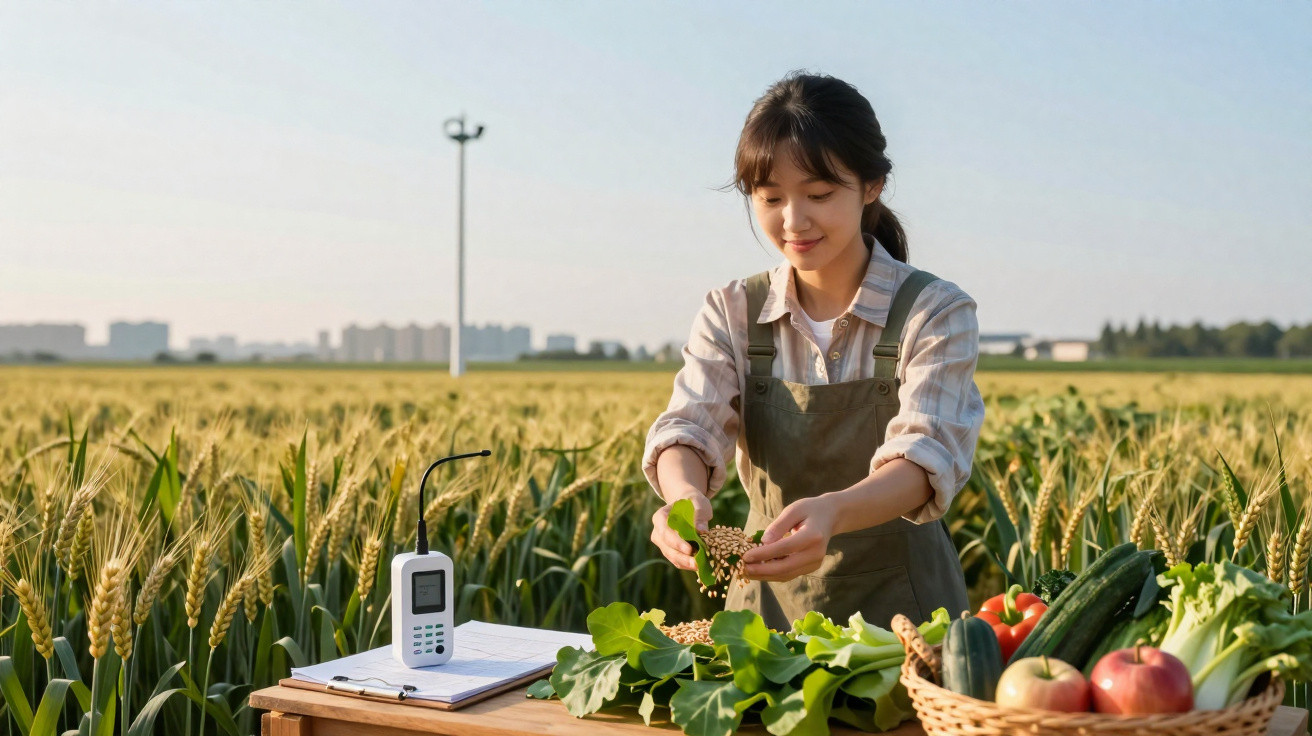 Mulher em campo de trigo a examinar plantas com mesa de vegetais, caderno e rádio portátil.