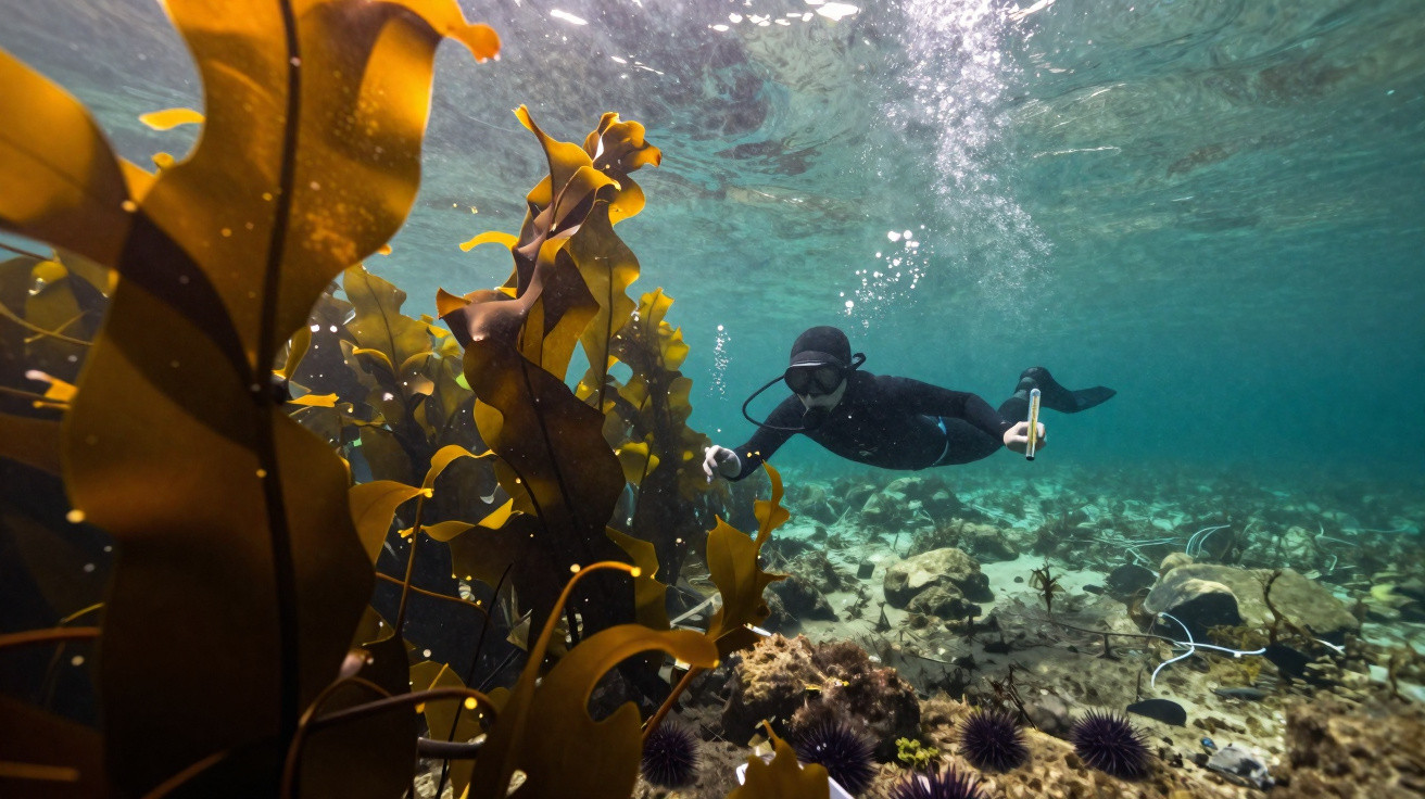 Mergulhador com equipamento de snorkel explora alga marinha e ouriços no fundo do mar cristalino.