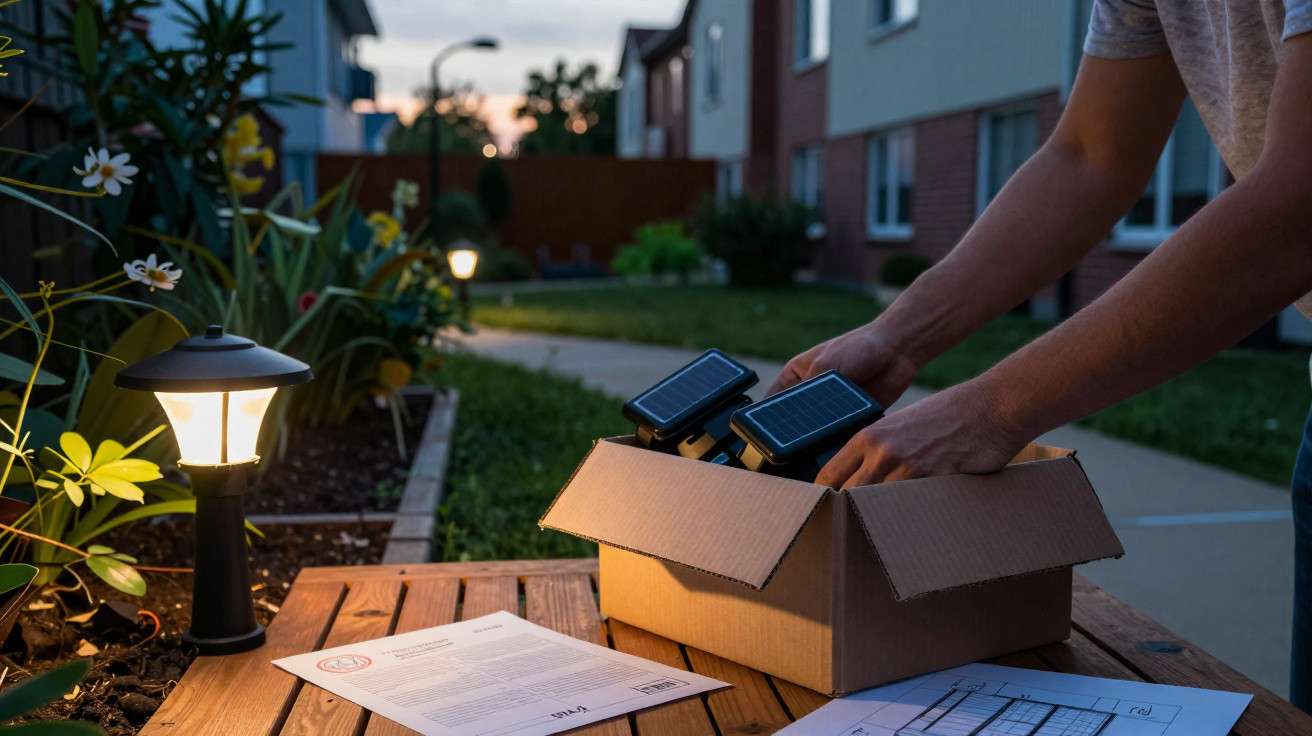 Mãos a colocar lâmpadas solares em caixa junto a mesa de madeira com plantas e documentos ao entardecer.