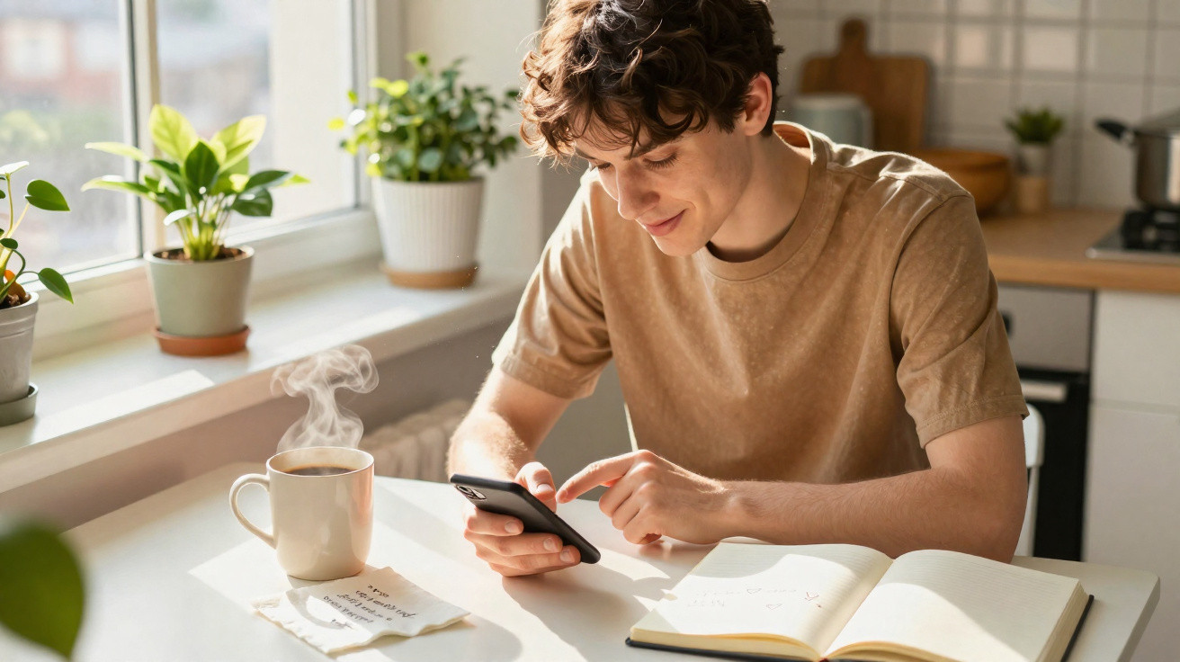 Jovem sentado à mesa com smartphone, livro aberto e chá quente numa cozinha luminosa com plantas.