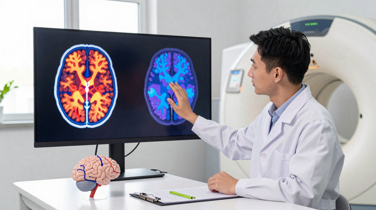 Médico analisa imagens coloridas de exames cerebrais num ecrã com modelo de cérebro na mesa, em laboratório.