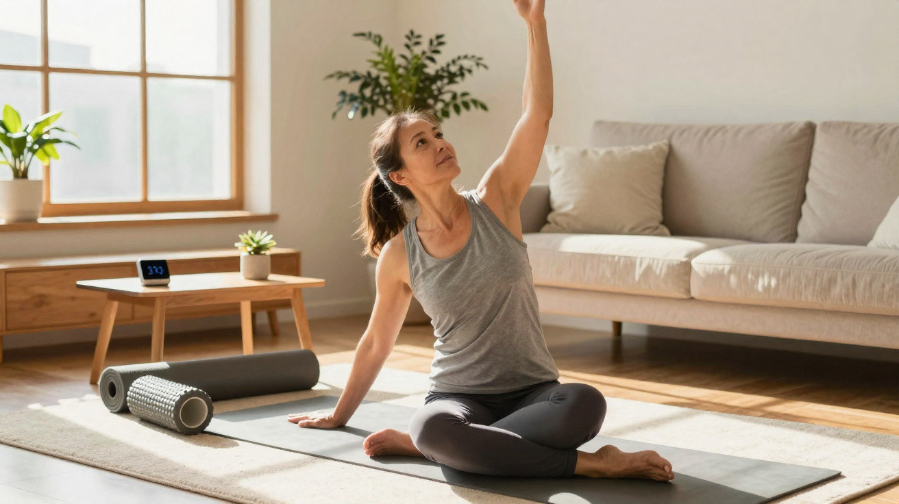 Mulher sentada em tapete de yoga a fazer alongamento num ambiente iluminado e confortável.
