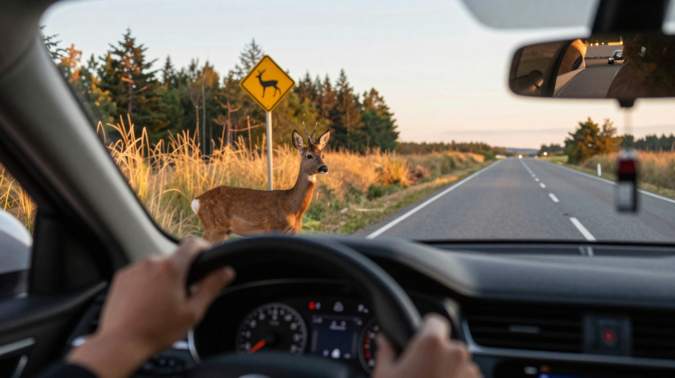 Veado atravessa a estrada ao entardecer, visto do interior de um carro em movimento.