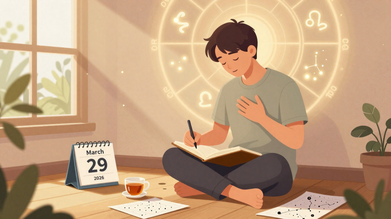 Jovem sentado no chão escreve em diário com signos do zodíaco atrás e calendário a 29 de março de 2026.