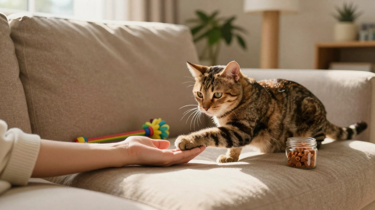 Gato tigrado a tocar a mão de uma pessoa num sofá, com pote de petiscos ao lado.