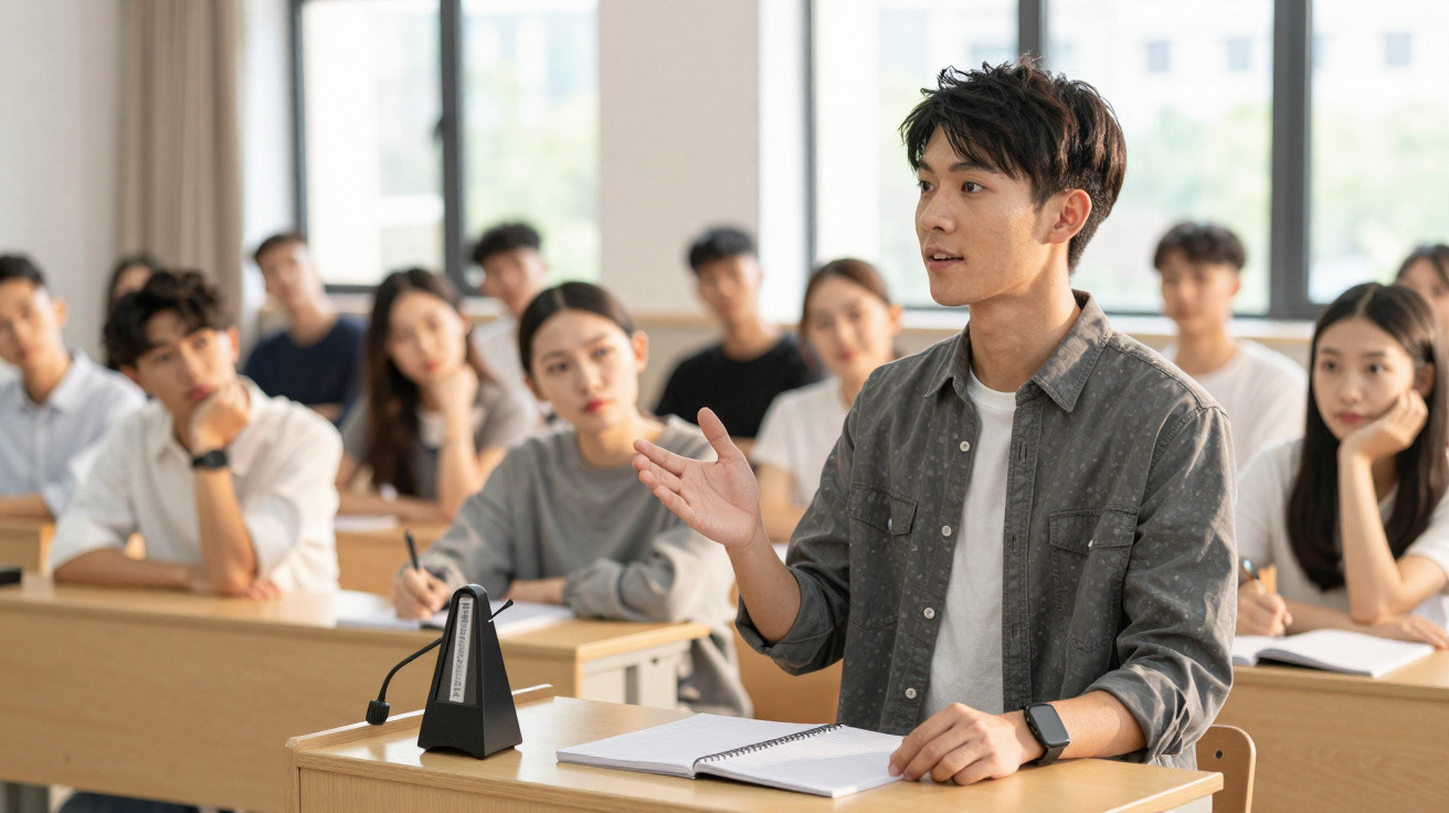 Estudante asiático a falar numa sala de aula com outros alunos atentos a ouvir.