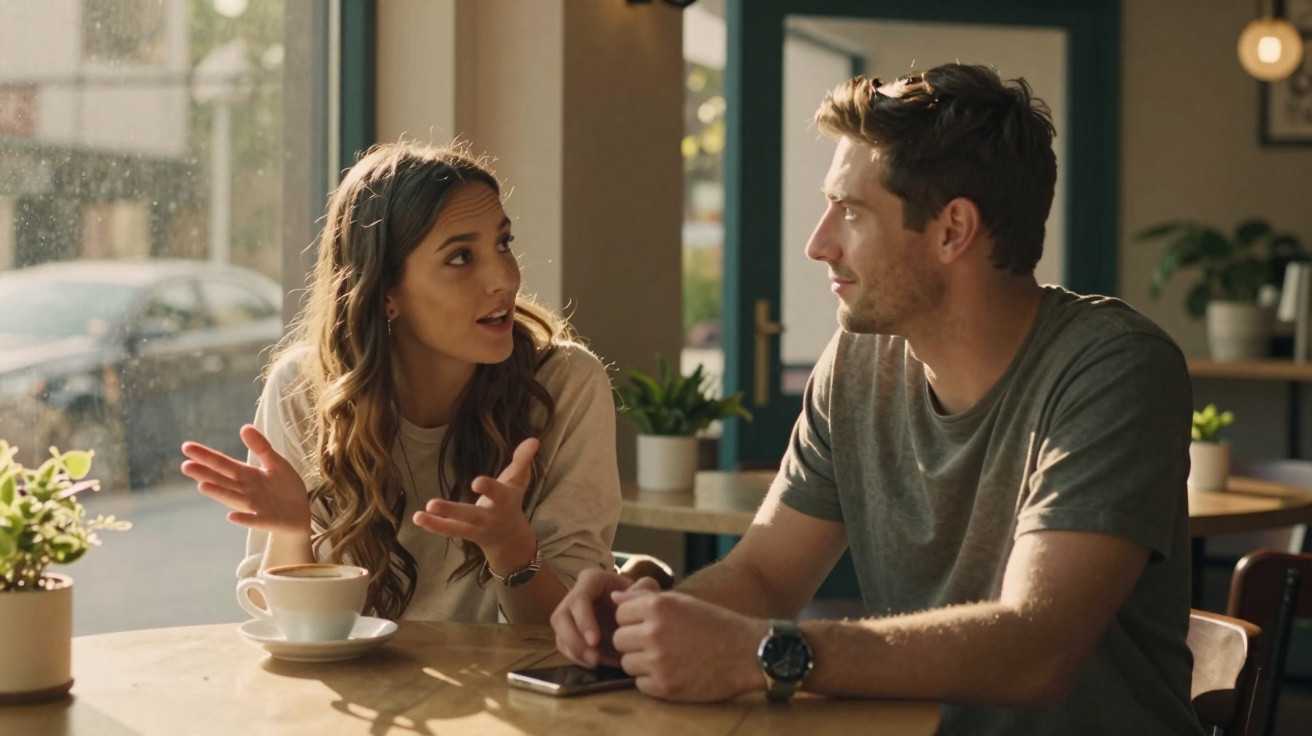 Duas pessoas a conversar numa cafetaria com chávenas de café e plantas na mesa.