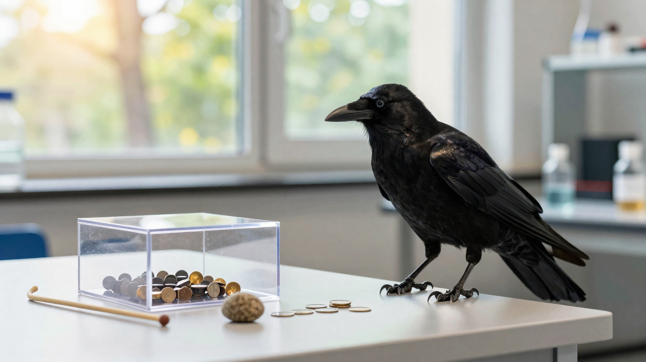 Corvo preto em laboratório ao lado de moedas, uma noz e um recipiente transparente sobre uma mesa branca.