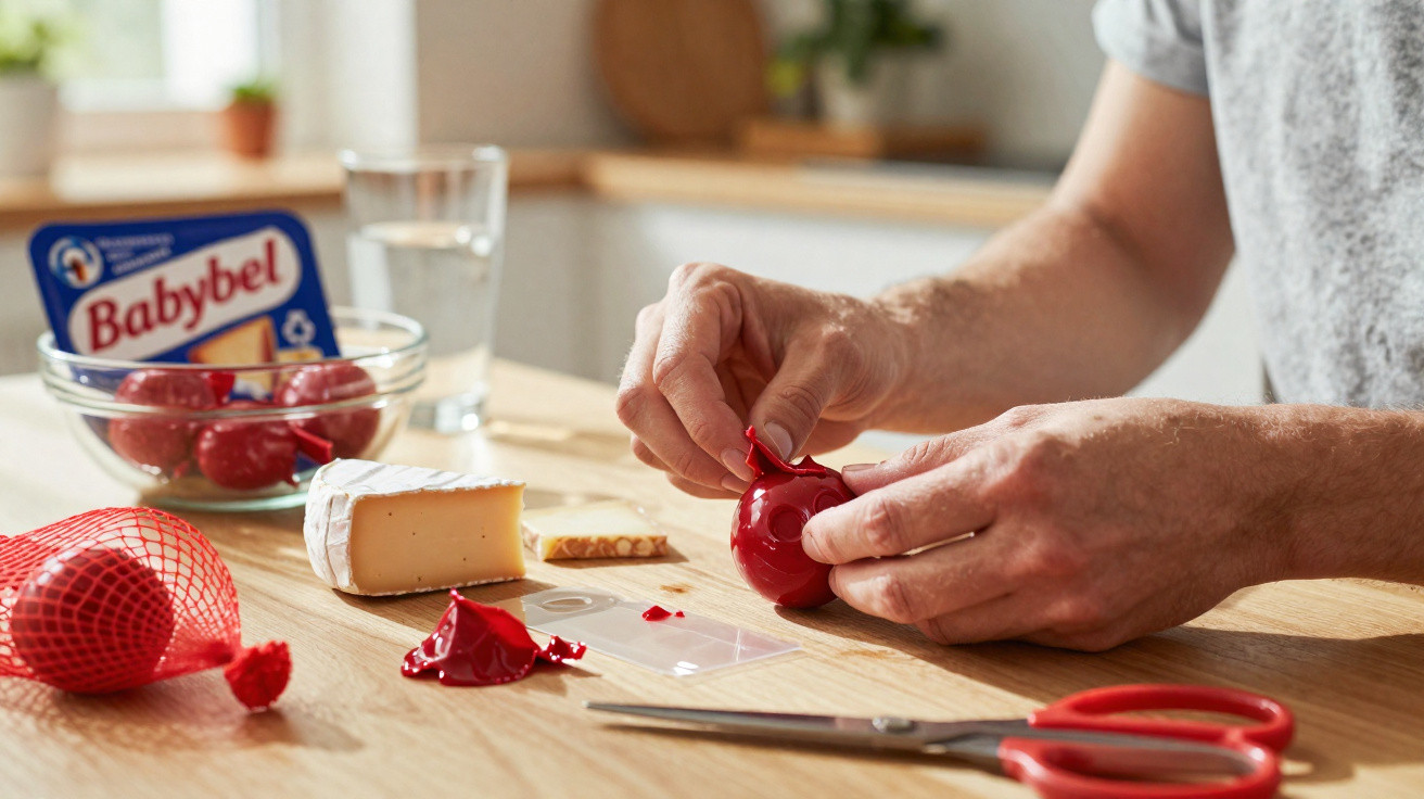 Mãos a desembrulhar queijo Babybel numa cozinha com queijo, tábua, tesoura e copo de água numa mesa de madeira.