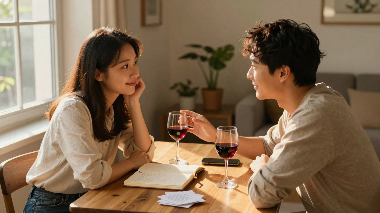 Casal a conversar e beber vinho tinto numa mesa de madeira junto a uma janela iluminada.