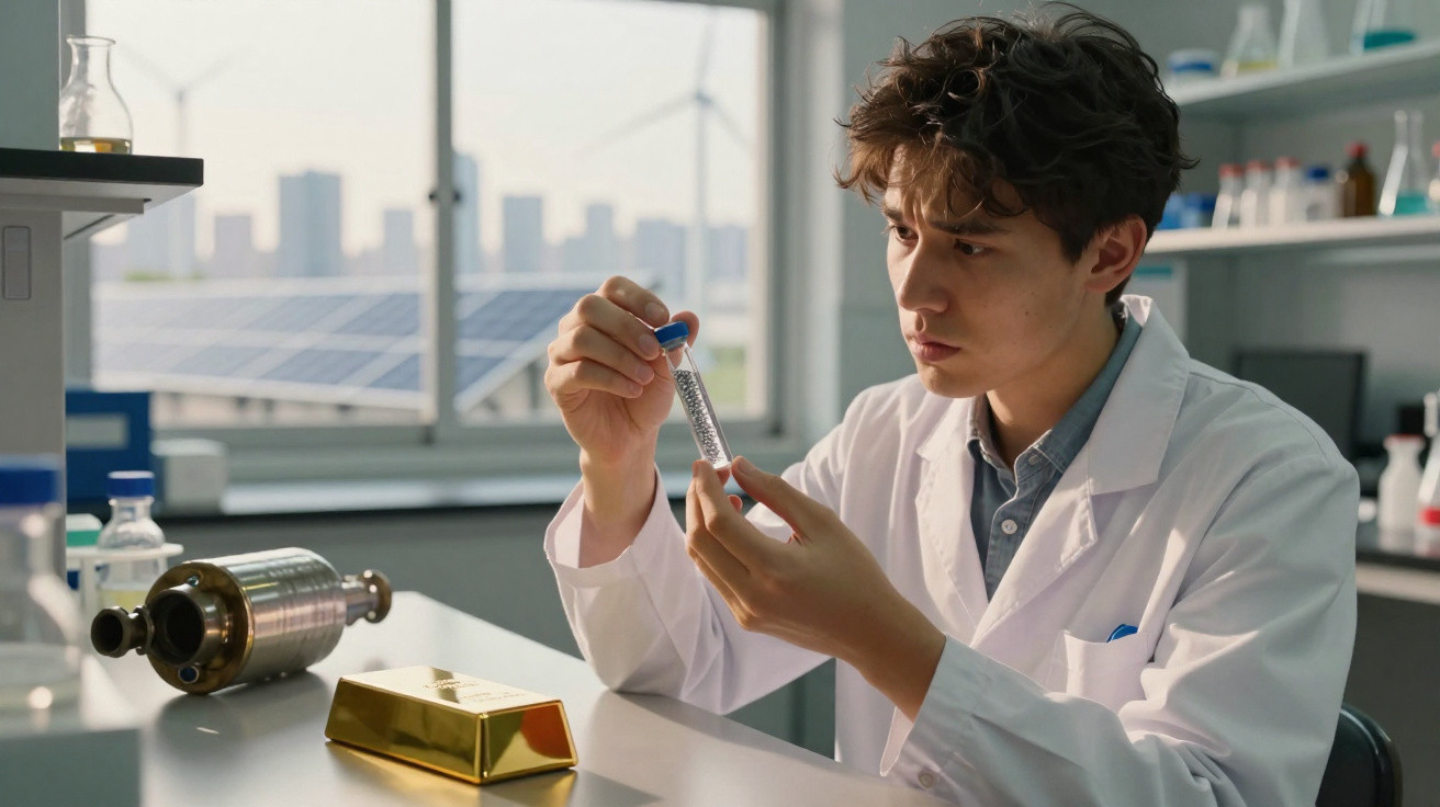 Cientista em laboratório a analisar um tubo de ensaio, com painéis solares e turbina eólica ao fundo.