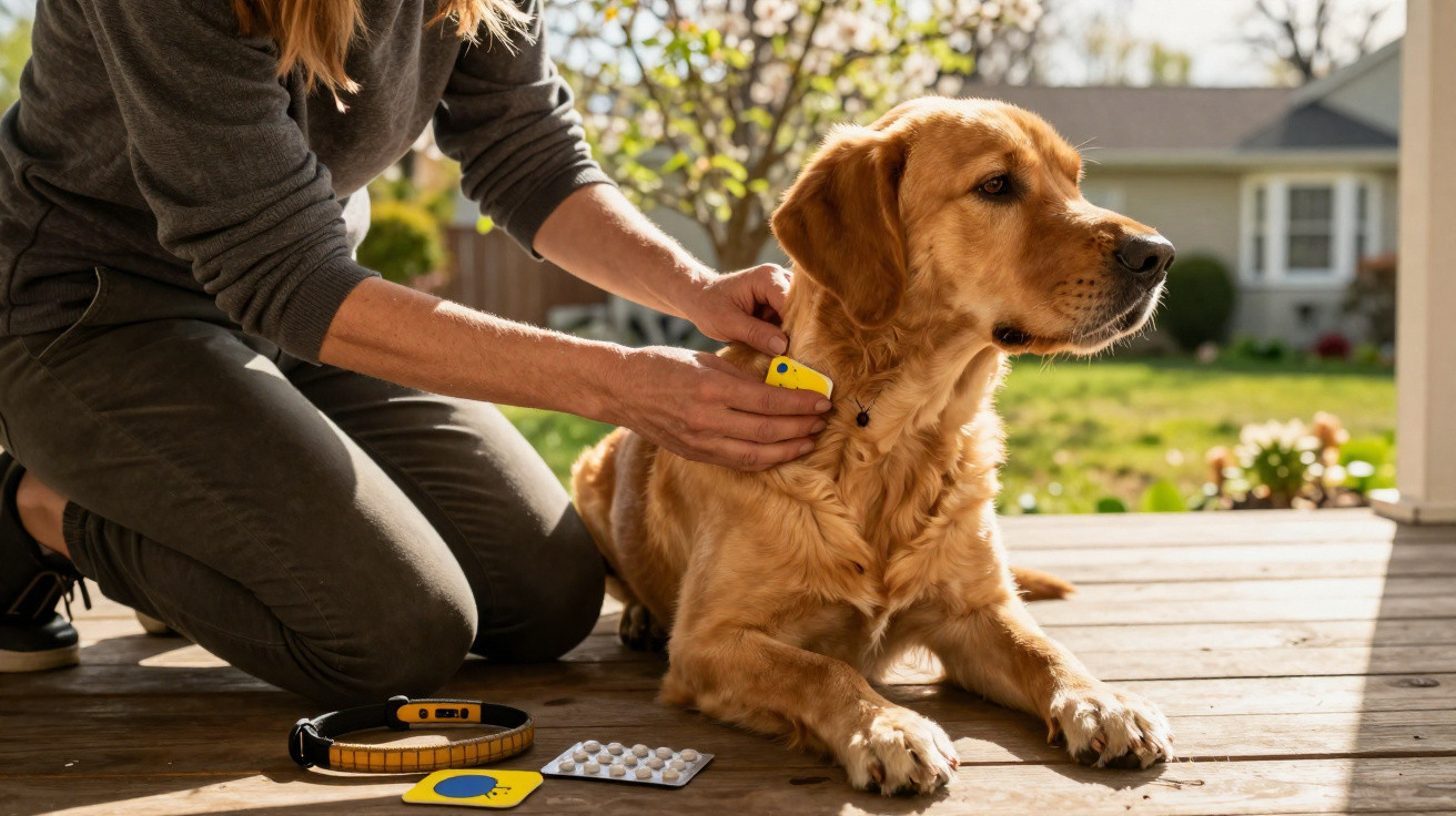 Pessoa a aplicar dispositivo de controlo de pulgas num cão dourado deitado num alpendre iluminado pelo sol.