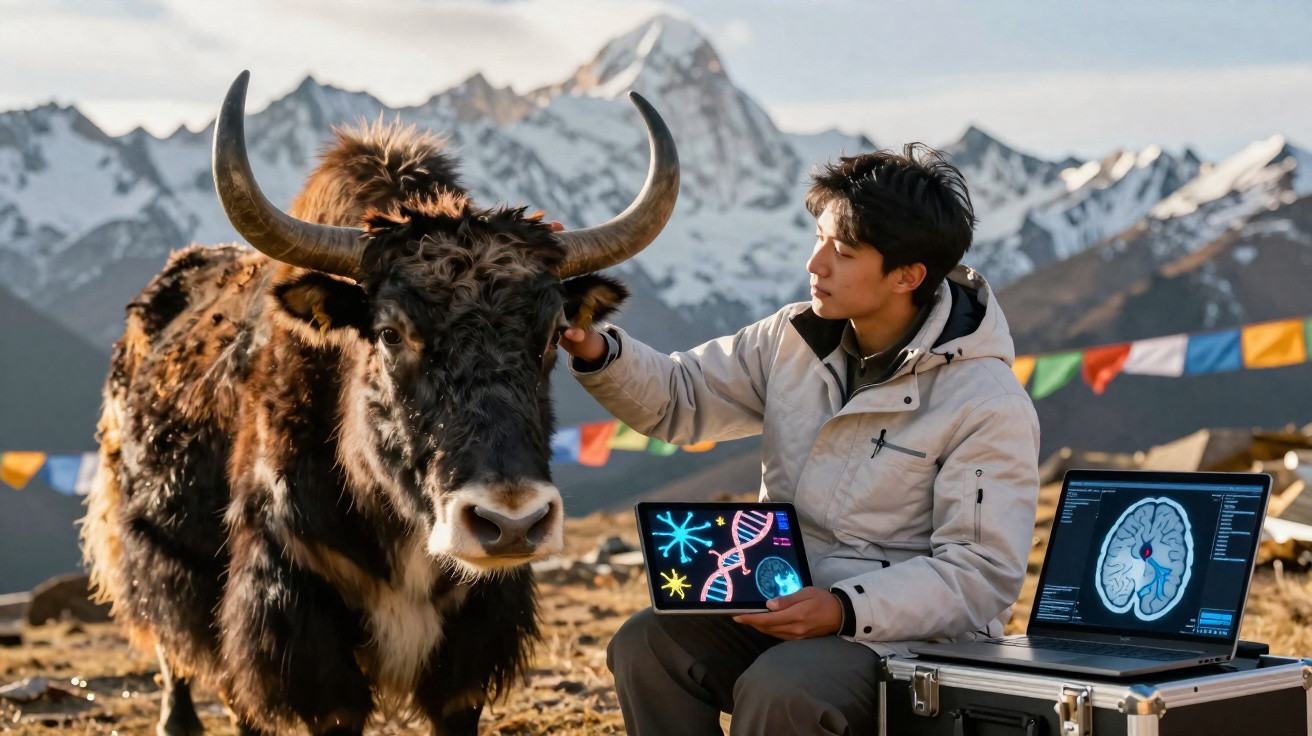 Homem analisa dados genéticos num tablet junto a um iaque com montanhas nevadas ao fundo.
