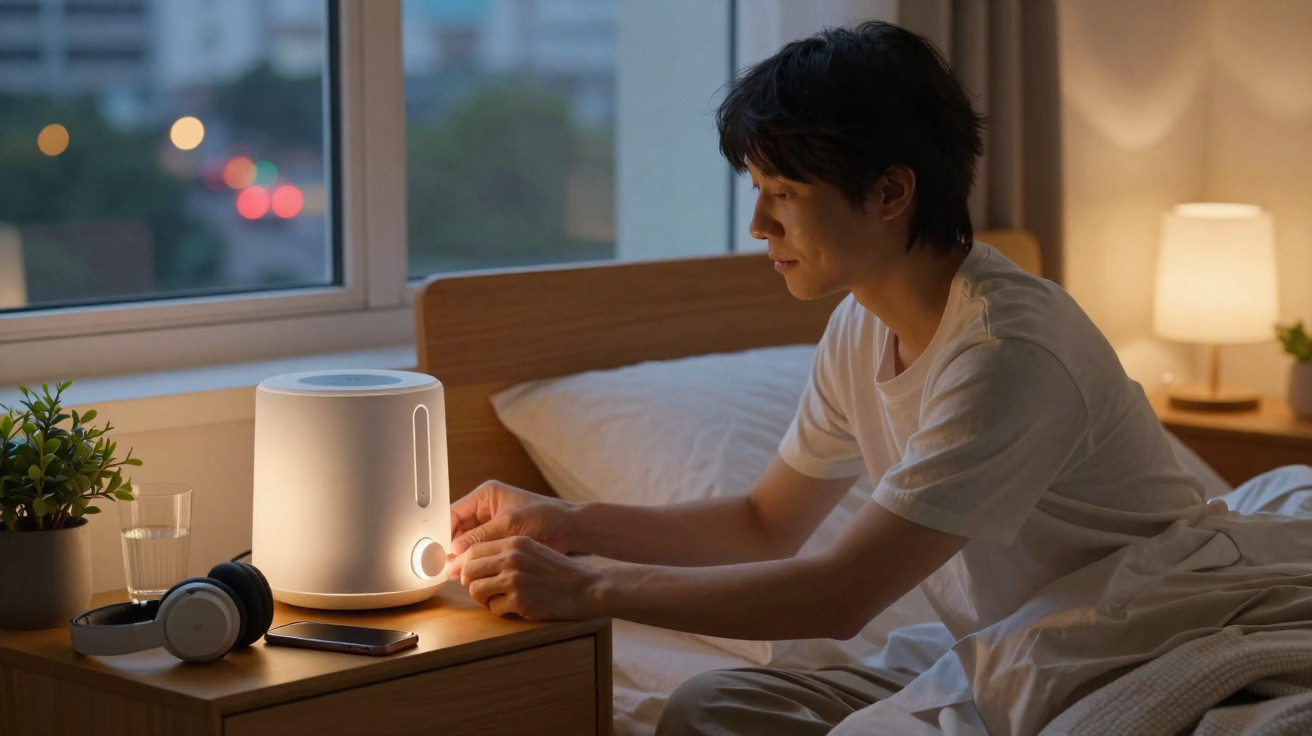 Homem ajusta o humidificador no criado-mudo ao lado da cama numa noite iluminada.