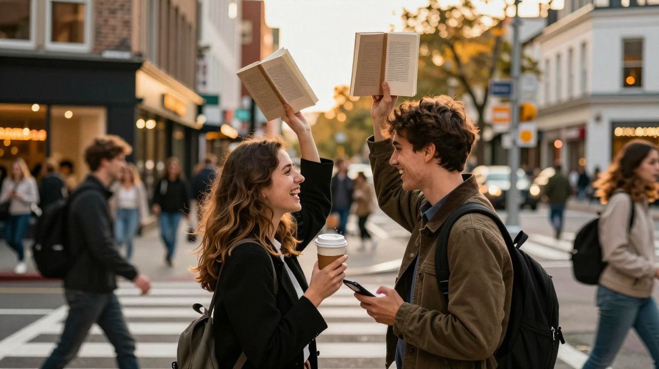 Dois jovens sorridentes com mochilas levantam livros num cruzamento movimentado numa cidade.