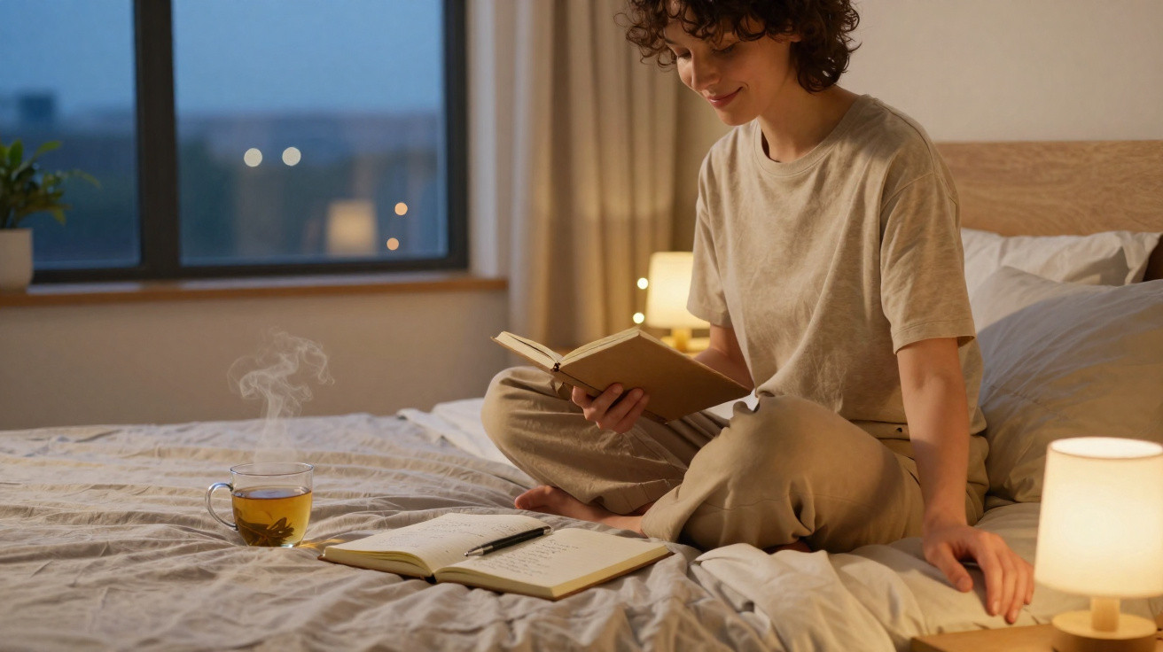 Mulher sentada na cama, lendo um livro com chá quente e caderno à frente em ambiente acolhedor.