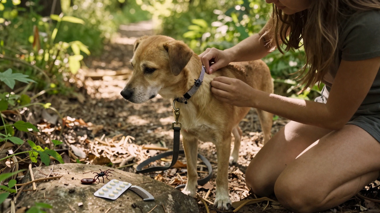 Mulher prende coleira num cão junto a medicamentos e uma figura de inseto num caminho florestal.