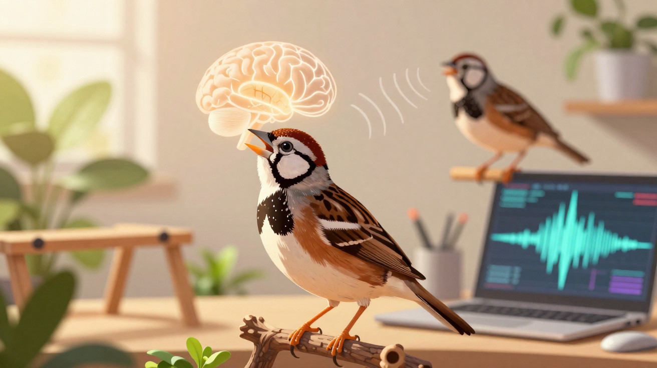 Pardal numa mesa a comunicar, com cérebro ilustrado e ondas sonoras numa sala com computador portátil.