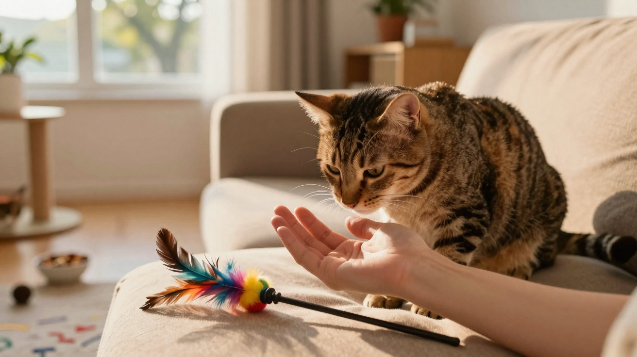 Gato tigrado atento a uma mão estendida e um brinquedo de penas coloridas no sofá numa sala iluminada.