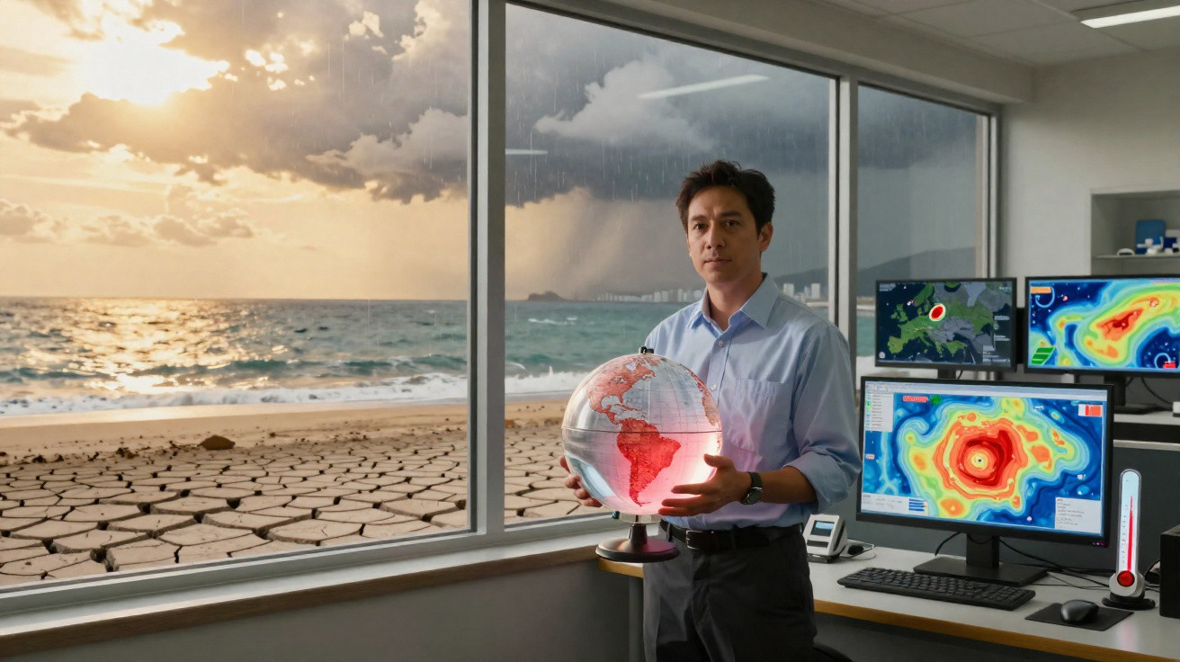 Homem numa sala de controlo meteorlógico segura globo iluminado com seca e tempestade visíveis pela janela.