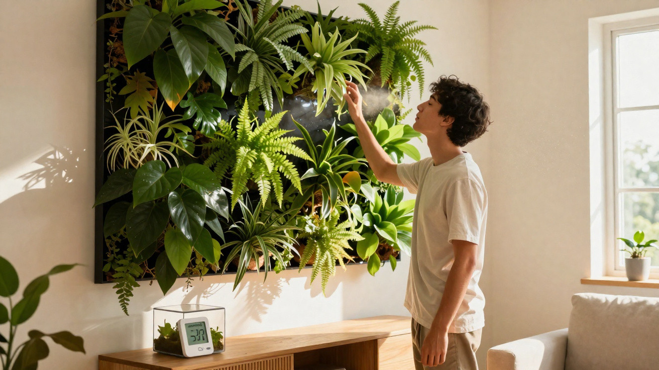Homem regando plantas penduradas numa parede verde dentro de uma sala iluminada pelo sol.