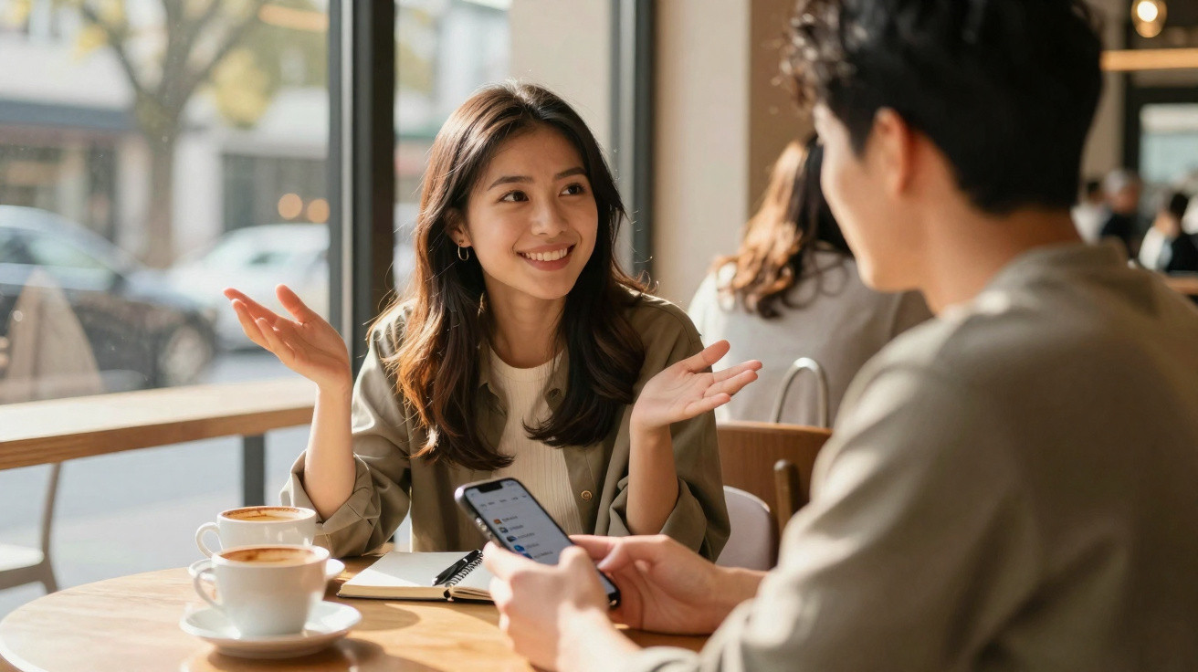 Duas pessoas a conversar animadamente num café com duas chávenas de café na mesa, luz natural.