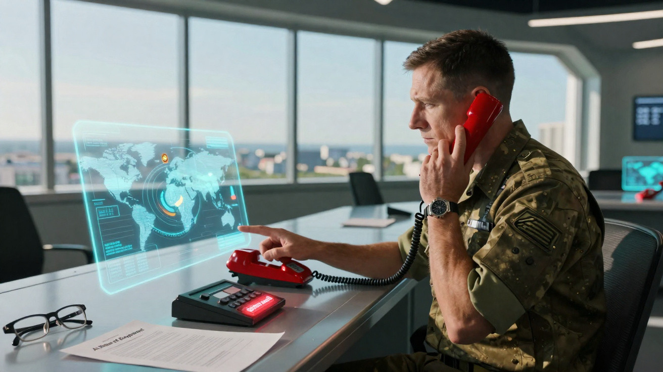 Militar em uniforme camuflado a falar ao telefone vermelho numa sala moderna com holograma de mapa mundi.