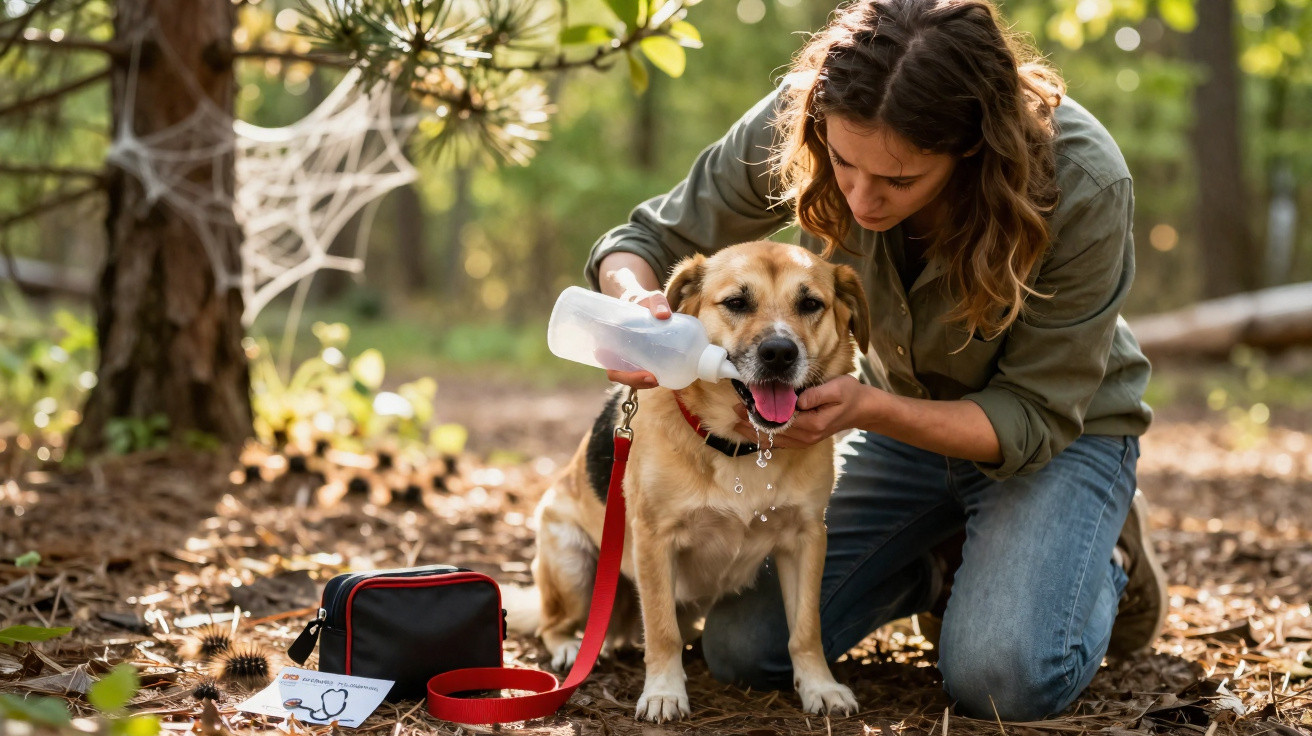 Mulher dá água a cão com garrafa enquanto estão numa floresta durante caminhada.