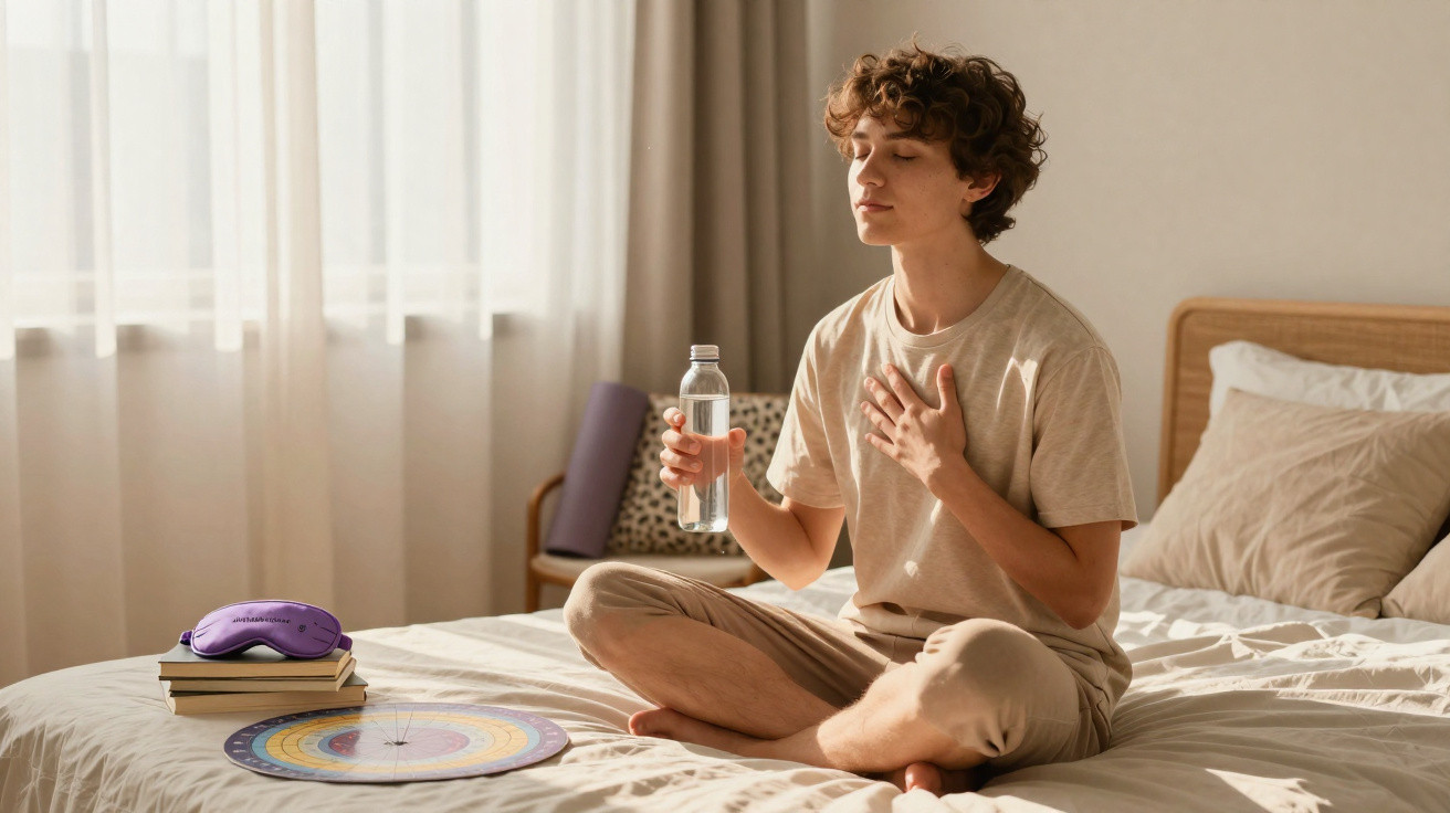 Jovem sentado em posição de meditação na cama, segurando garrafa de água e tocando o peito com a outra mão.