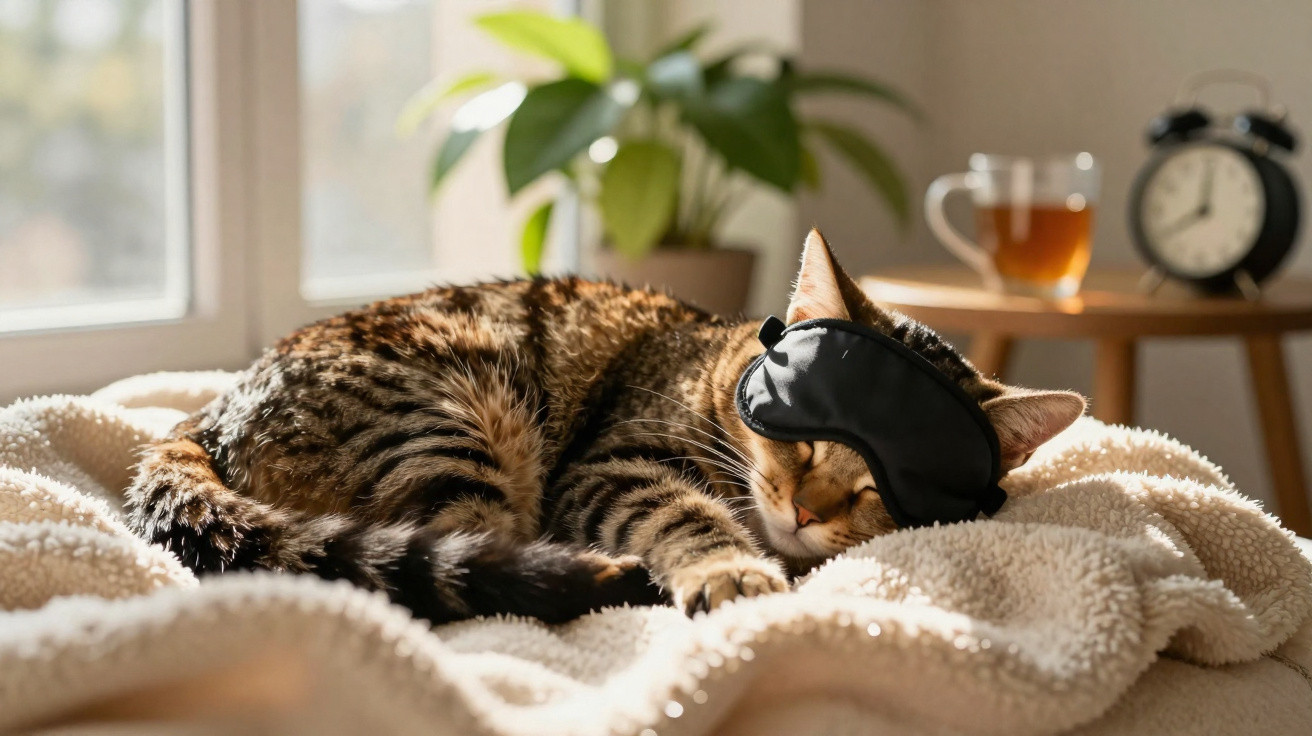Gato deitado numa manta branca com máscara de dormir preta, luz suave e relógio e chá ao fundo.
