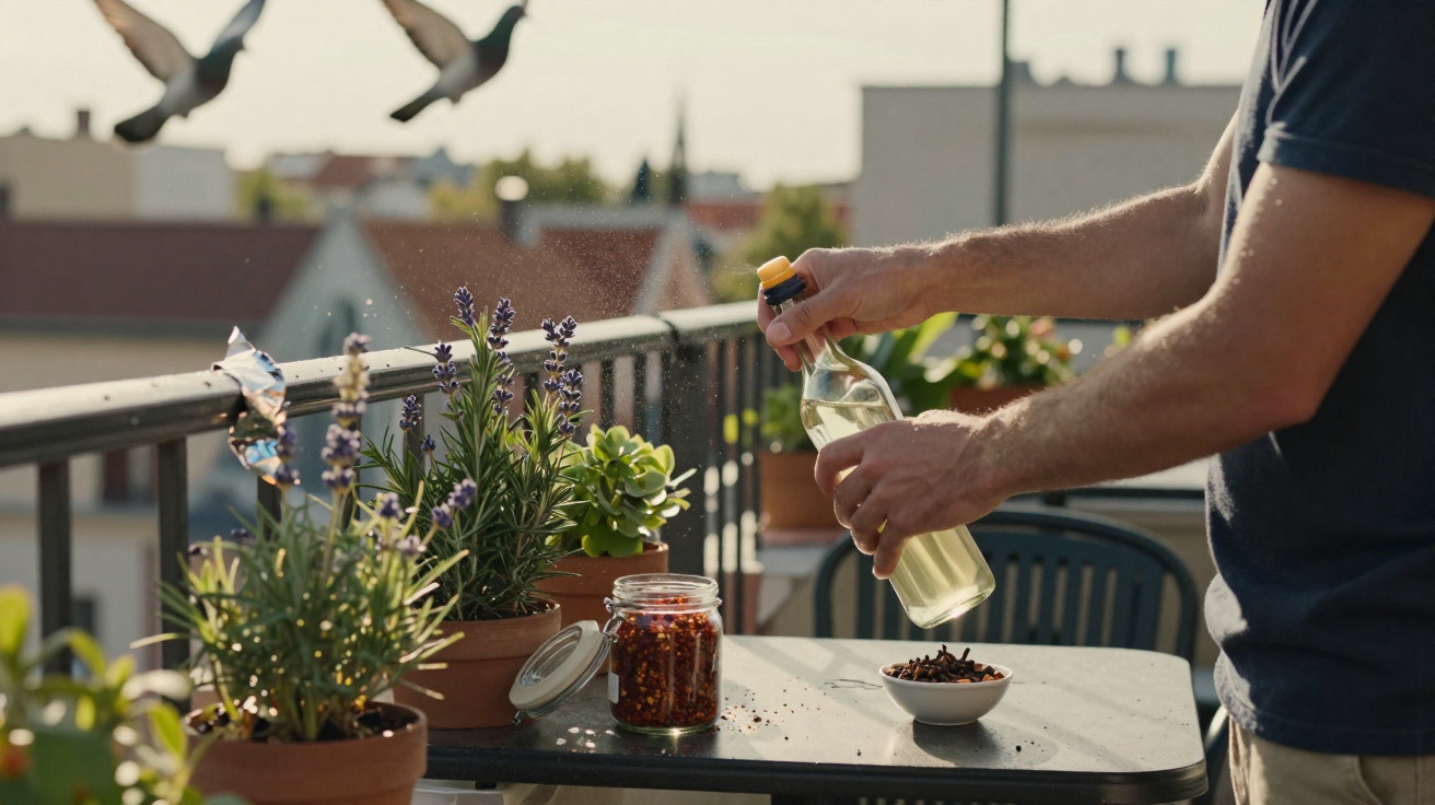 Pessoa a regar plantas em vasas num terraço com pombos a voar ao fundo numa manhã ensolarada.