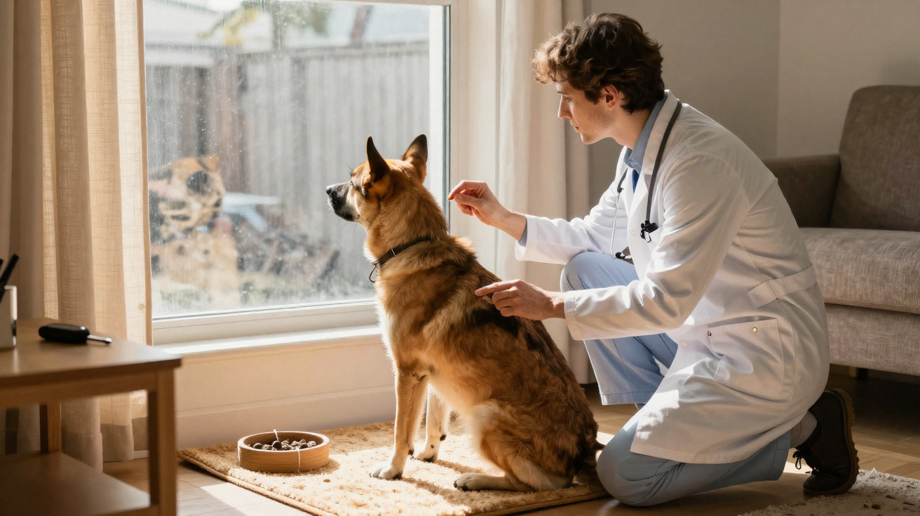 Veterinário examina um cão pastor alemão junto a uma janela numa sala iluminada.