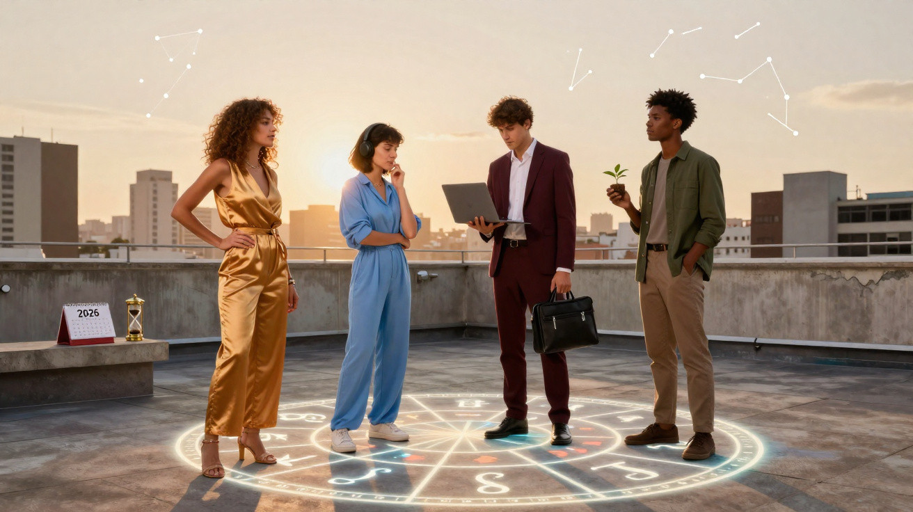 Quatro jovens em terraço com símbolos de astrologia iluminados no chão ao pôr do sol numa cidade.