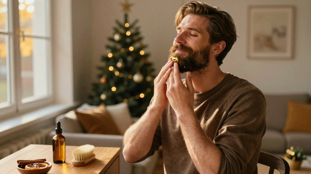 Homem com barba aplica óleo nas barbas em casa decorada com árvore de Natal.