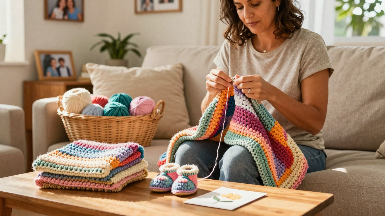 Mulher a fazer crochet com lã colorida sentada no sofá, com mantas e sapatinhos na mesa à frente.