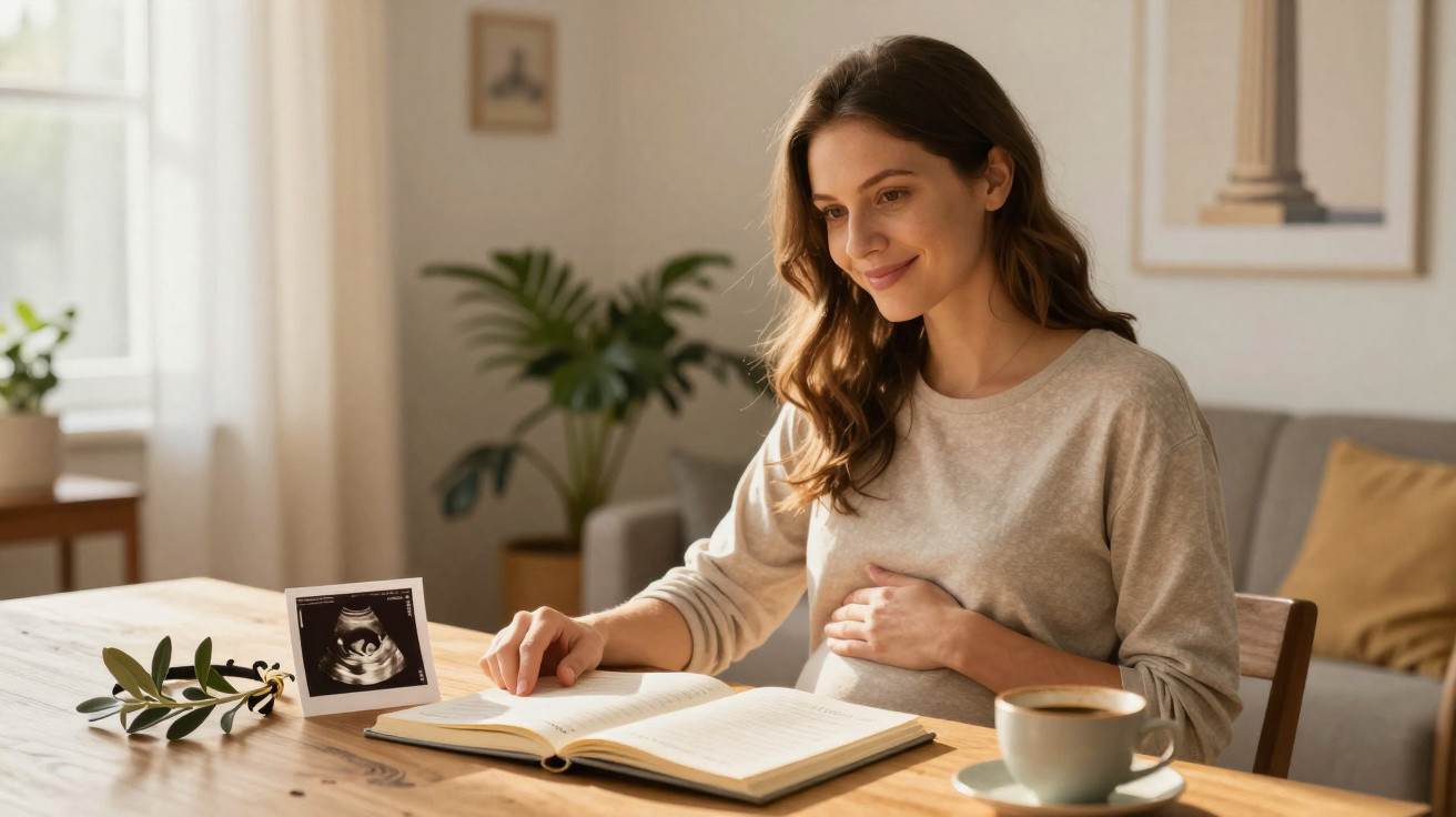 Mulher grávida sentada a ler um livro numa mesa com ecografia do bebé e chá ao lado.