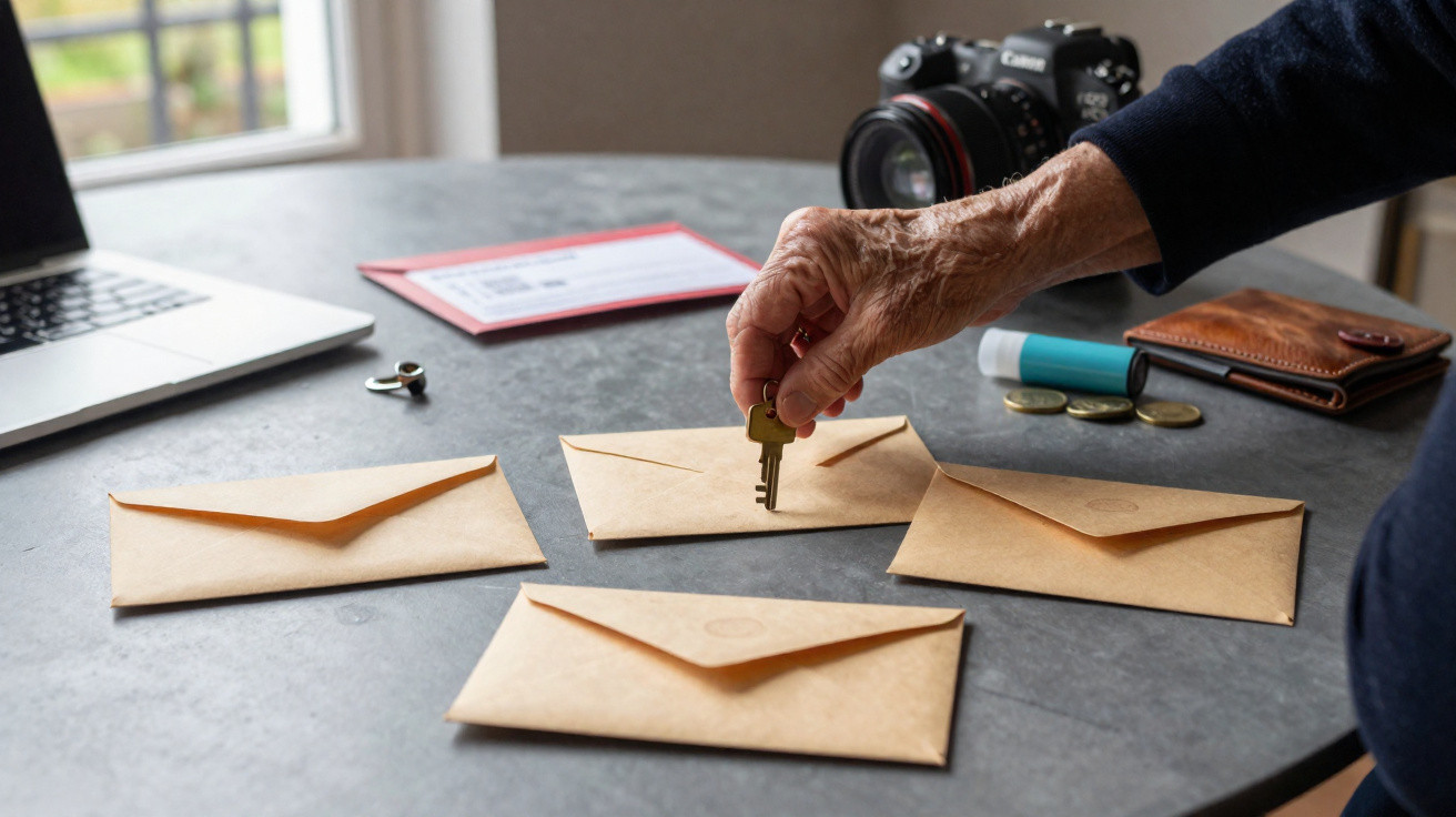 Mão de idoso segurando uma chave sobre quatro envelopes em mesa com laptop, câmara e outros objetos.