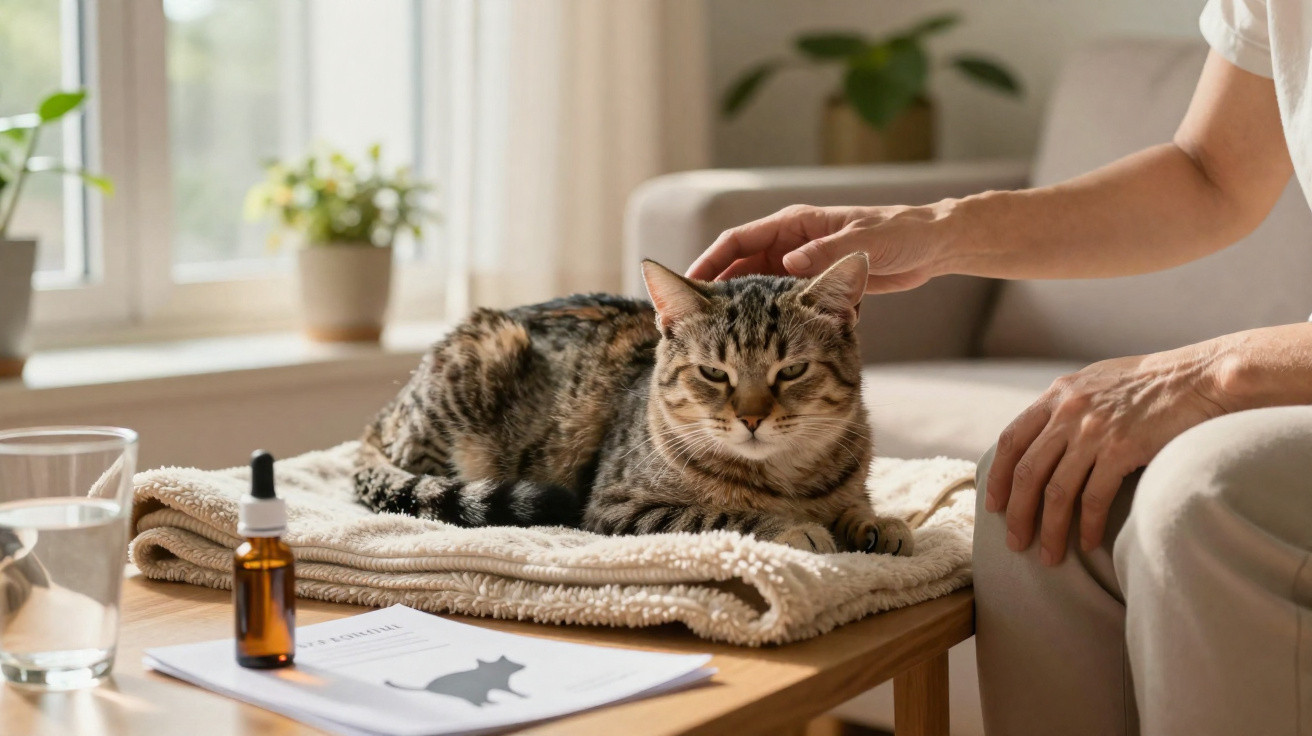 Gato cinzento riscado sentado numa toalha numa mesa, com mãos humanas a acariciá-lo.