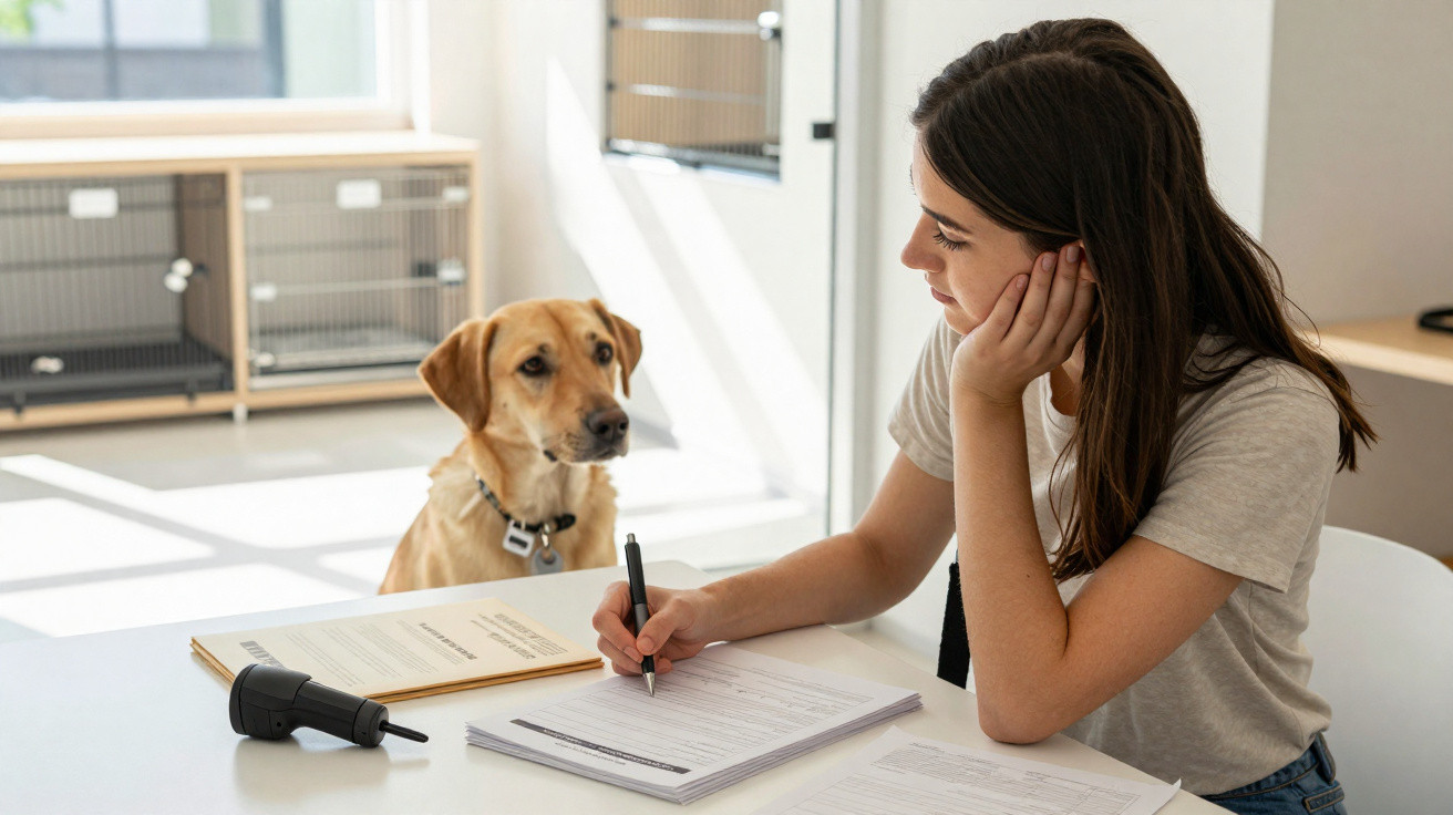 Mulher sentada a preencher formulários num consultório veterinário com um cão ao seu lado.