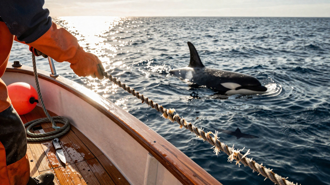 Pessoa em barco prende corda enquanto orca nada próxima à superfície do mar ao pôr do sol.