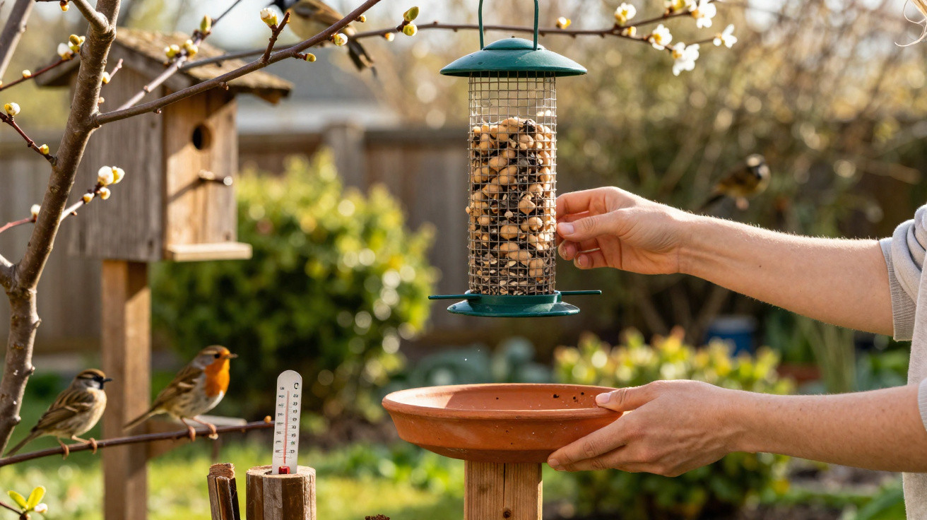 Pessoa a colocar comida num alimentador para pássaros num jardim com aves à volta na primavera.