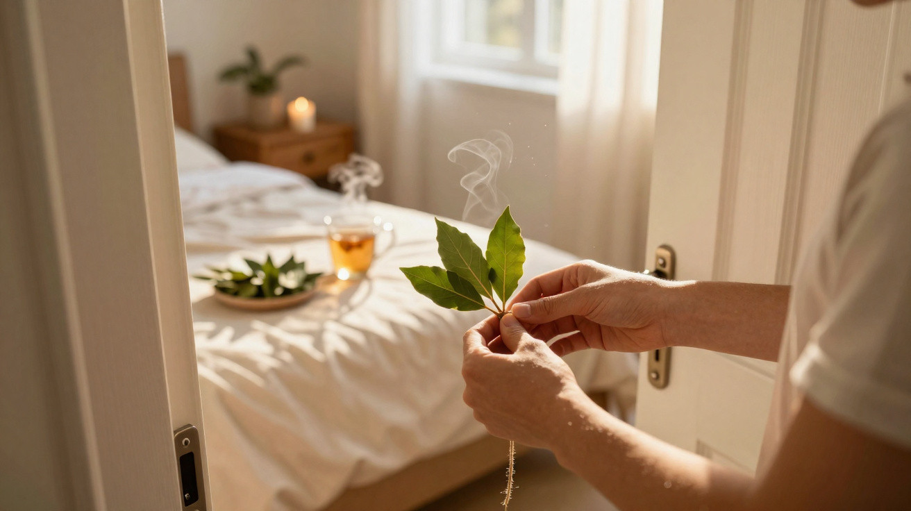 Mãos seguram folhas de louro a fumegar num quarto iluminado, com cama e chá quente ao fundo.