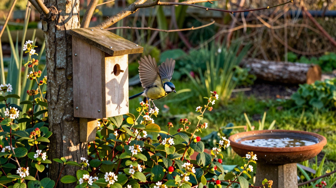 Pássaro azul e amarelo com asas abertas perto de uma casa de madeira para aves e flores brancas num jardim.