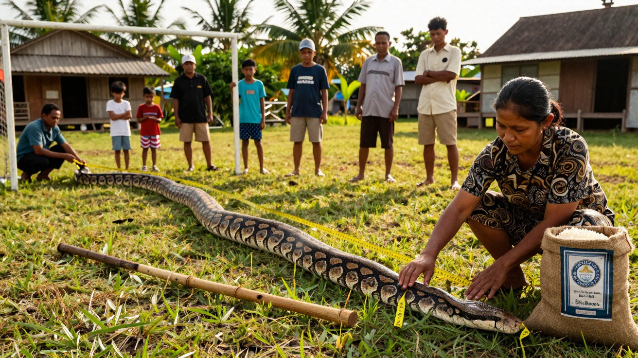 Mulher mede cobra gigante no chão enquanto várias pessoas observam numa área rural com palmeiras.